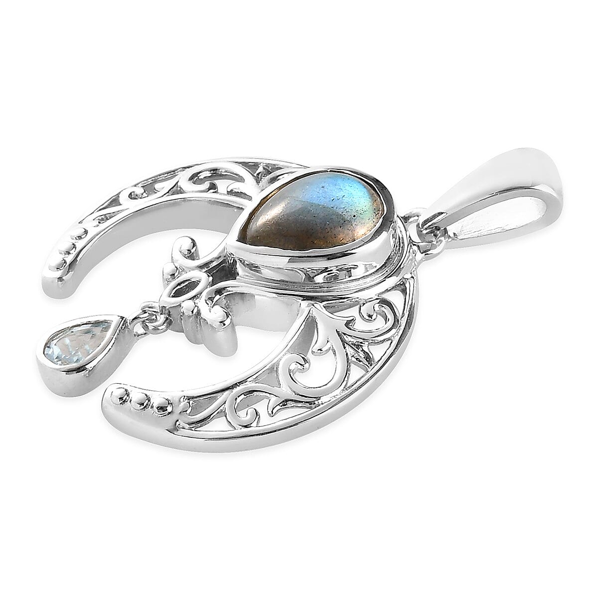 Malagasy Labradorite and Sky Blue Topaz Fancy Pendant in Platinum Over Copper 2.50 ctw image number 2