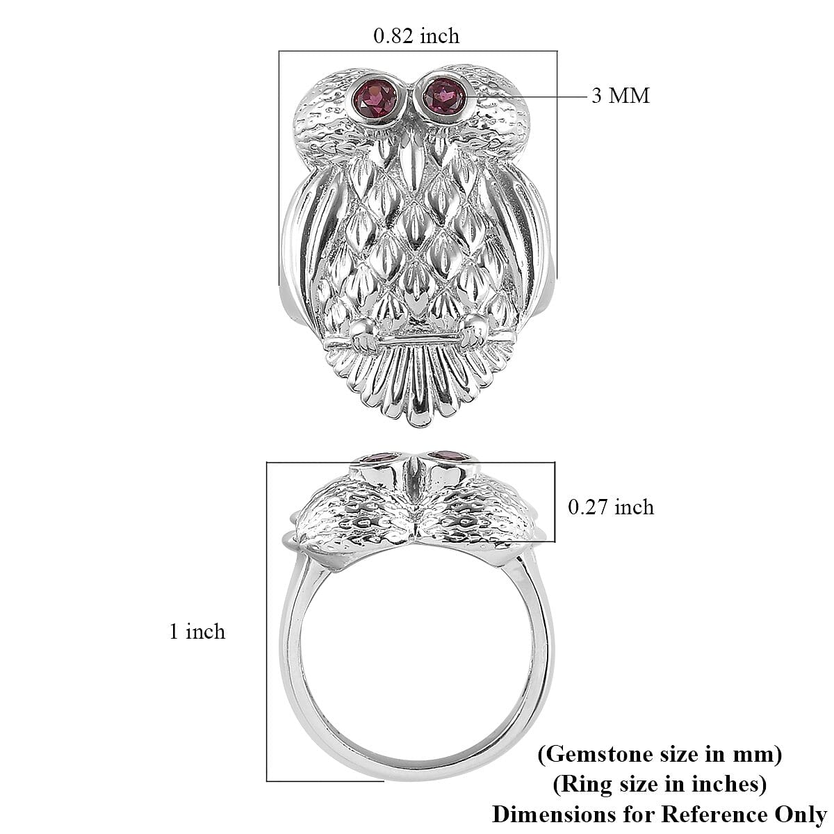 Orissa Rhodolite Garnet Owl Ring in Platinum Over Copper (Size 9.0) 0.30 ctw
