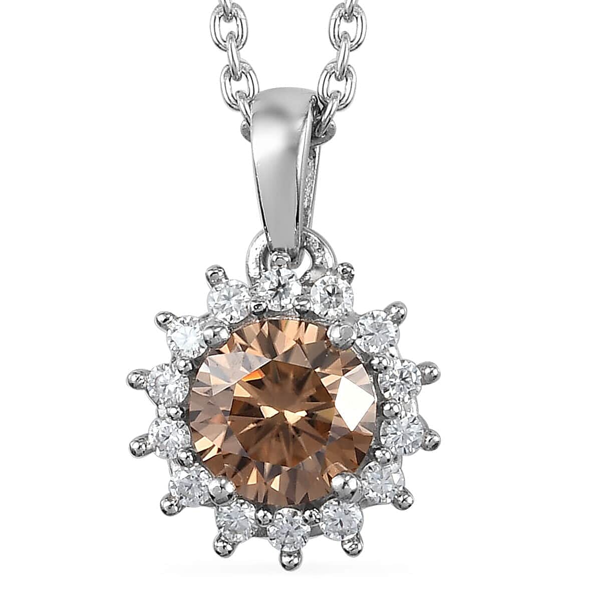 Champagne Moissanite and White Moissanite Sunburst Pendant Necklace,  20 Inch Necklace, Platinum Over Sterling Silver Pendant Necklace 1.15 ctw