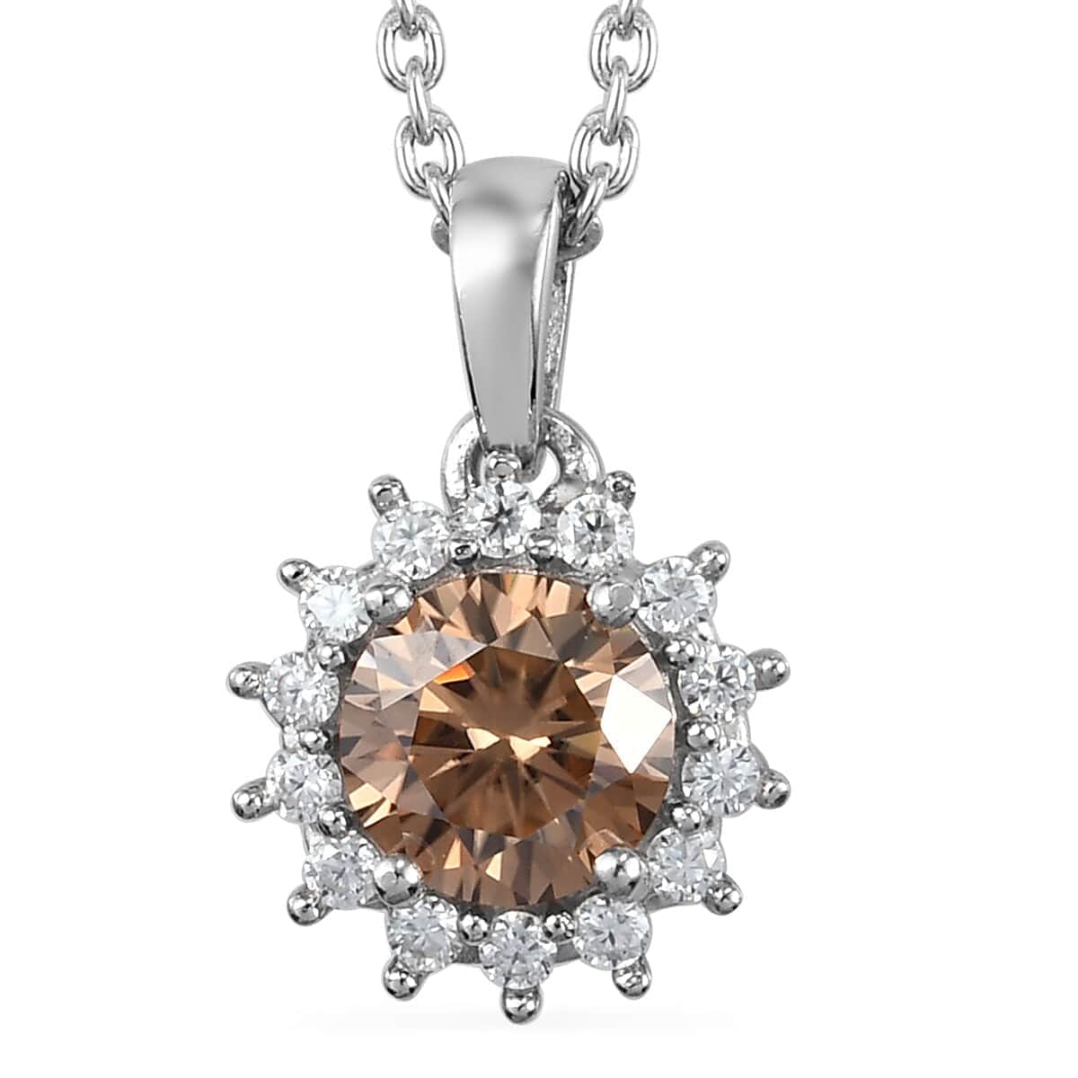 Champagne Moissanite VS and White Moissanite Sunburst Pendant Necklace 20 Inches in Platinum Over Sterling Silver 1.15 ctw image number 0