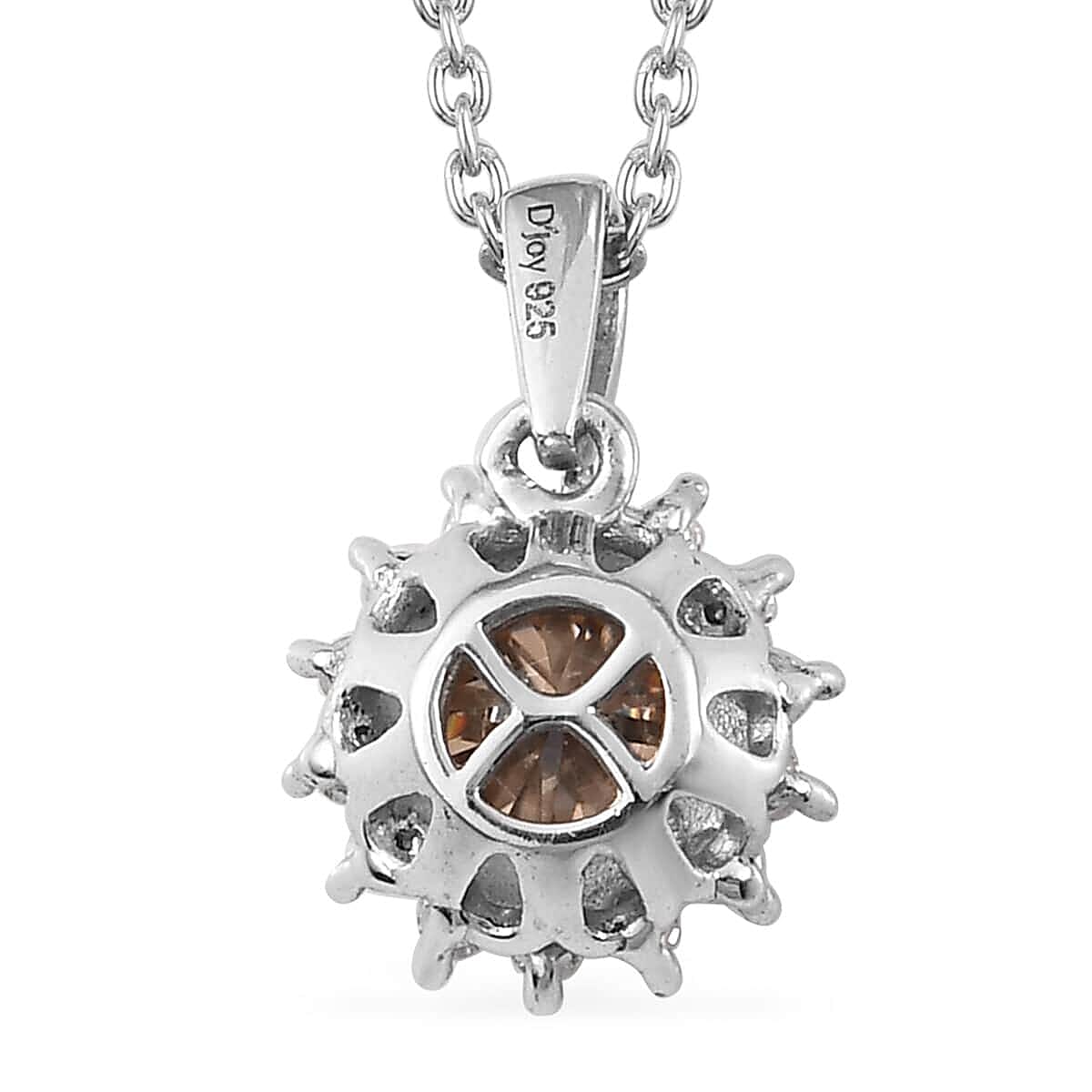 Champagne Moissanite and White Moissanite Sunburst Pendant Necklace,  20 Inch Necklace, Platinum Over Sterling Silver Pendant Necklace 1.15 ctw
