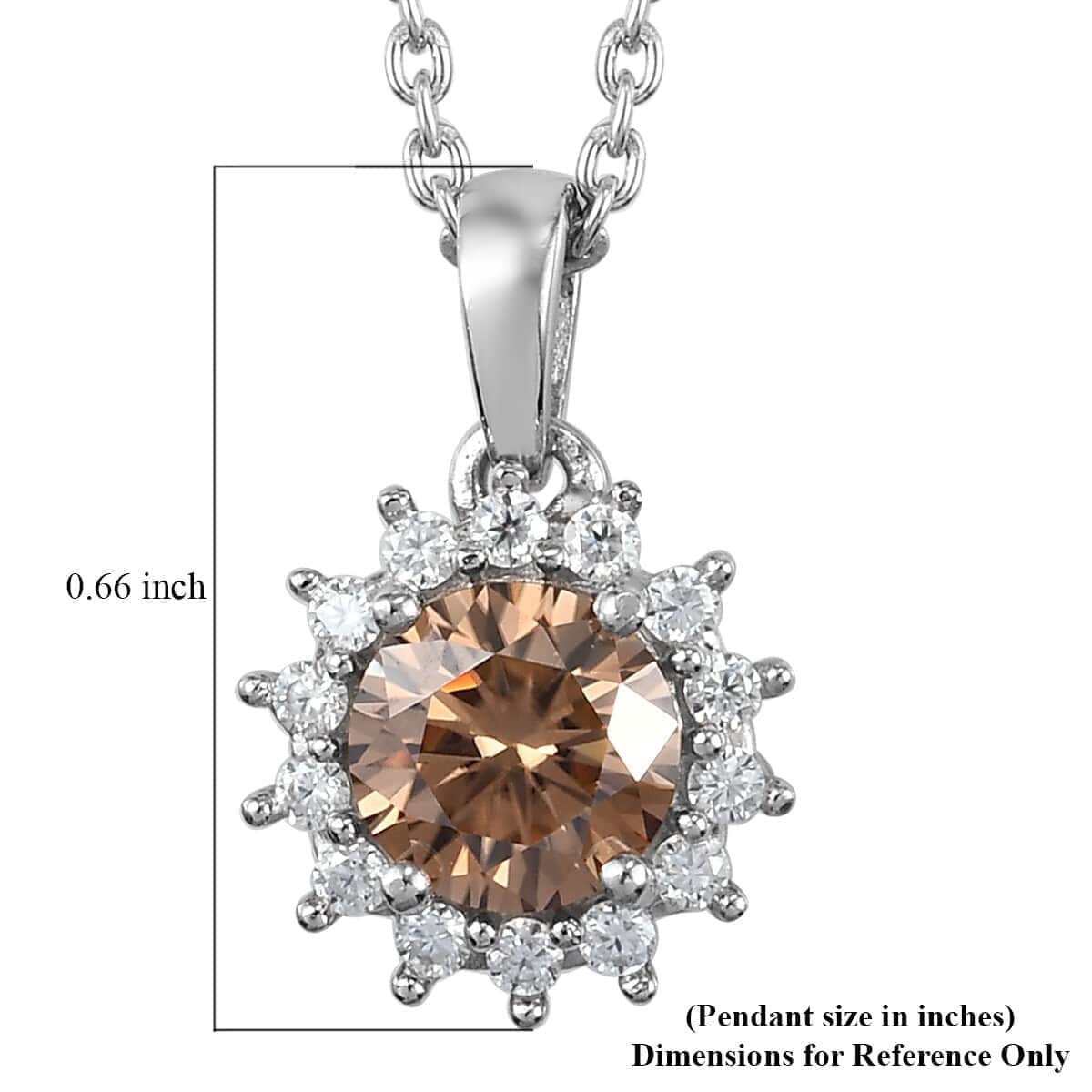 Champagne Moissanite VS and White Moissanite Sunburst Pendant Necklace 20 Inches in Platinum Over Sterling Silver 1.15 ctw image number 5