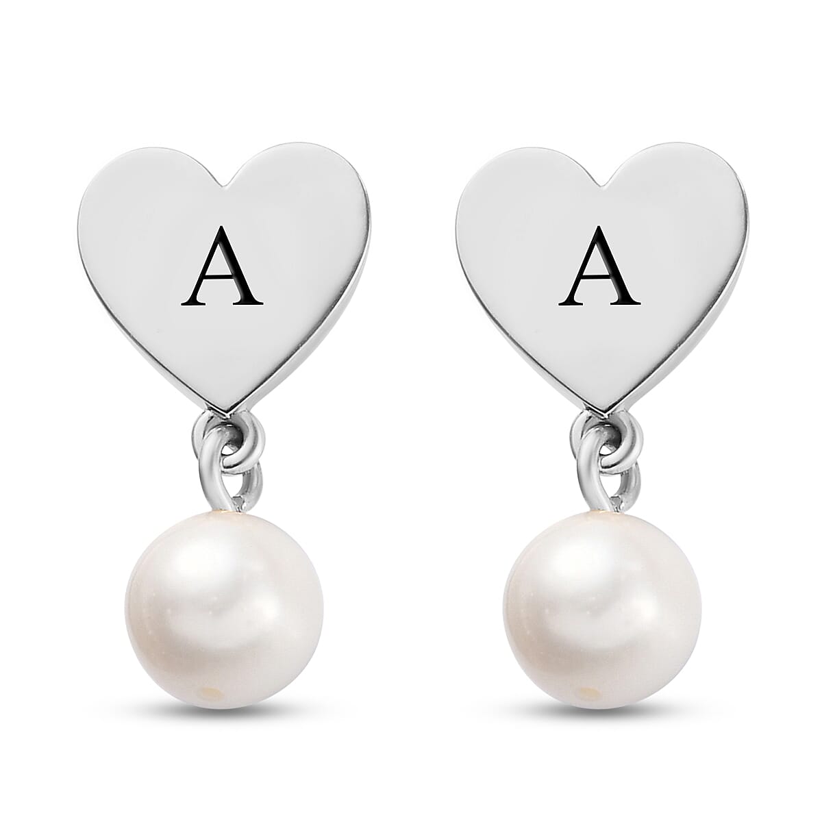 Freshwater White Cultured Pearl Heart Drop Earrings in Platinum Over Sterling Silver