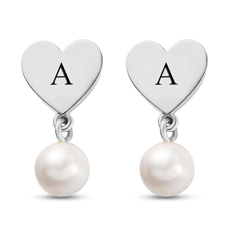 Freshwater White Cultured Pearl Heart Drop Earrings in Platinum Over Sterling Silver
