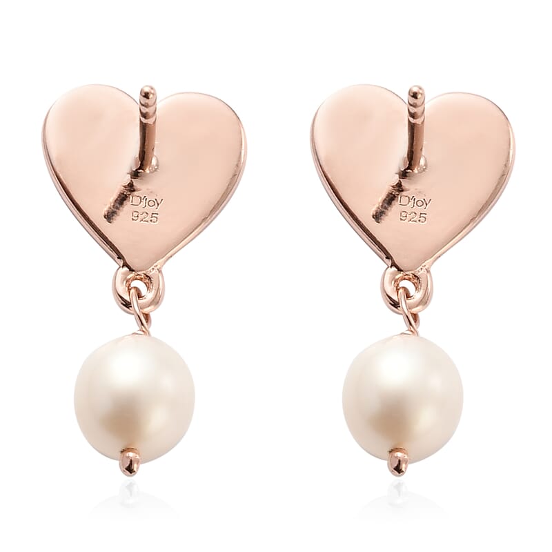 Freshwater White Cultured Pearl Heart Drop Earrings in Vermeil RG Over Sterling Silver
