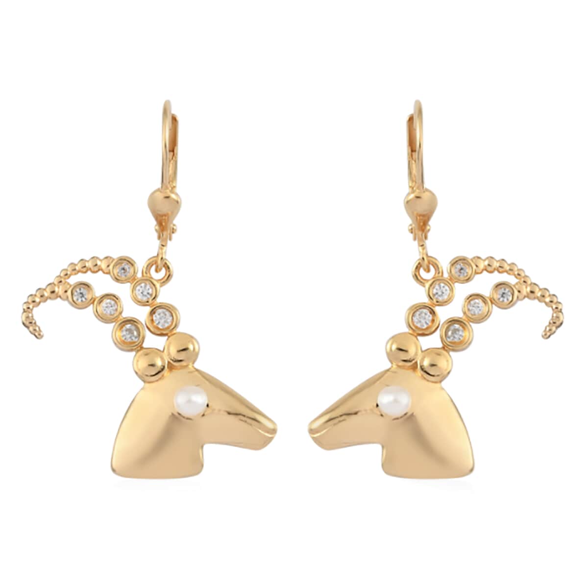 Capricorn Zodiac, Freshwater Pearl and Natural White Zircon Earrings in Vermeil Yellow Gold Over Sterling Silver image number 0
