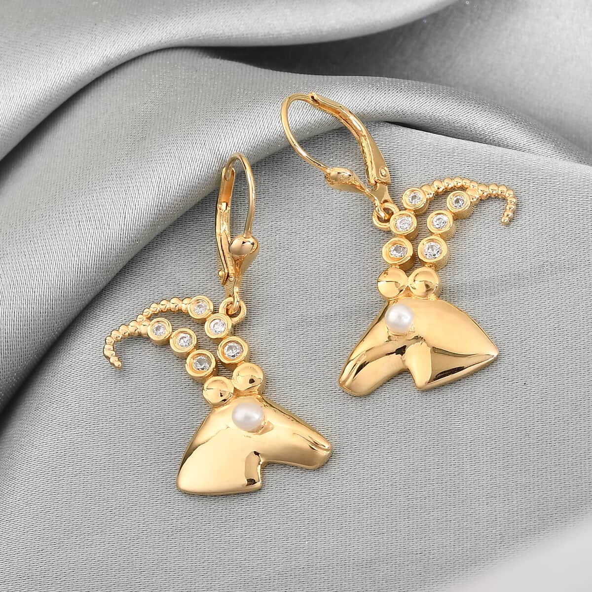 Capricorn Zodiac, Freshwater Pearl and Natural White Zircon Earrings in Vermeil Yellow Gold Over Sterling Silver image number 1