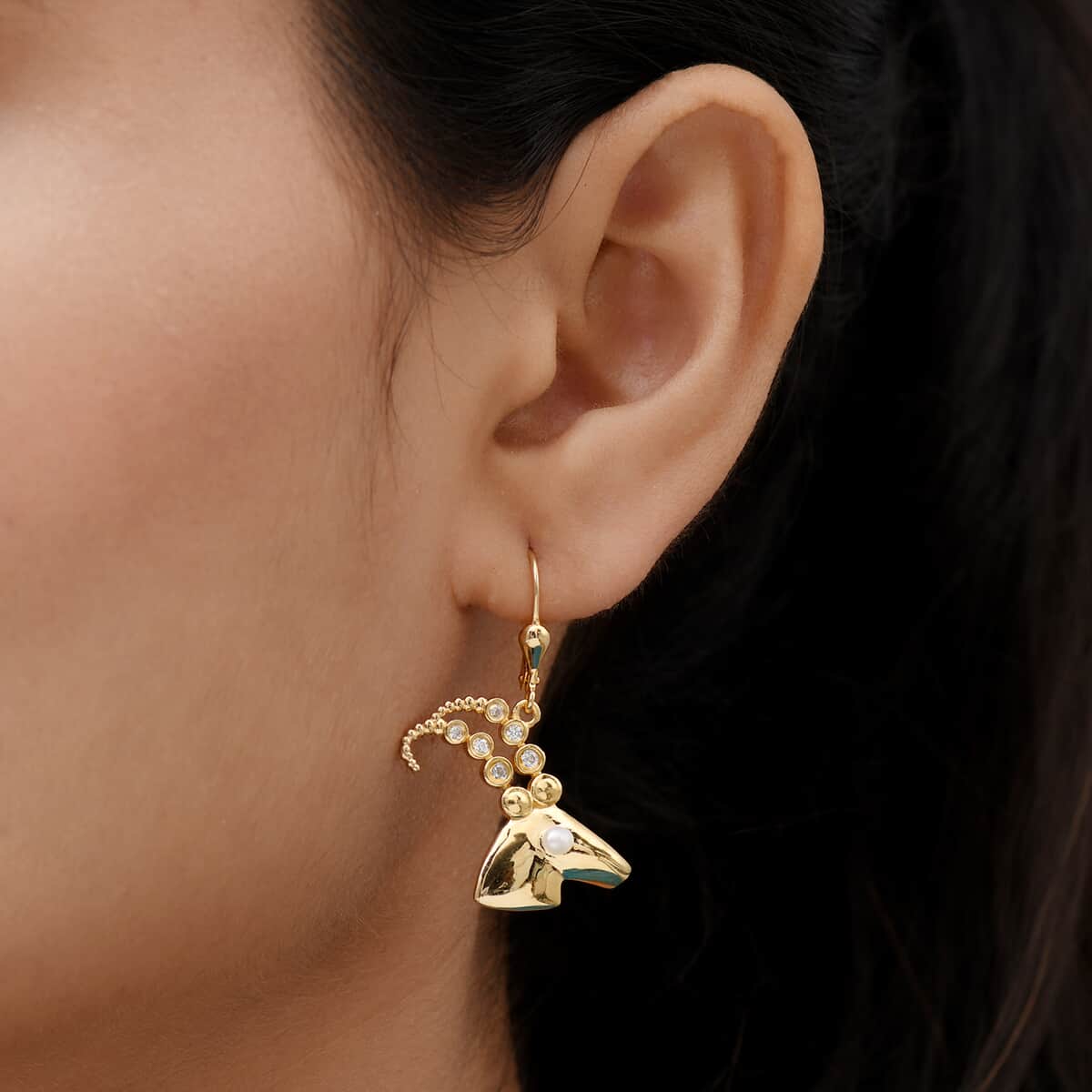 Capricorn Zodiac, Freshwater Pearl and Natural White Zircon Earrings in Vermeil Yellow Gold Over Sterling Silver image number 2