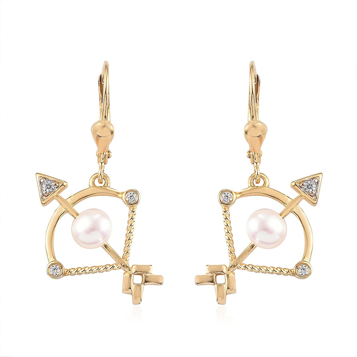 Sagittarius Zodiac, Freshwater Pearl and White Zircon Lever Back Earrings in Vermeil Yellow Gold Over Sterling Silver 0.15 ctw image number 0