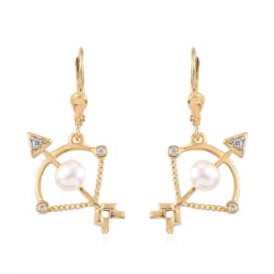 Sagittarius Zodiac, Freshwater Pearl and White Zircon Lever Back Earrings in Vermeil Yellow Gold Over Sterling Silver 0.15 ctw