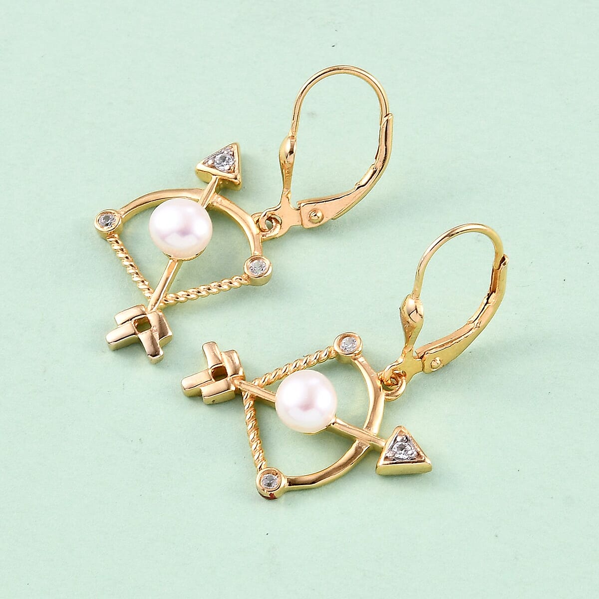 Sagittarius Zodiac, Freshwater Pearl and White Zircon Lever Back Earrings in Vermeil Yellow Gold Over Sterling Silver 0.15 ctw image number 1