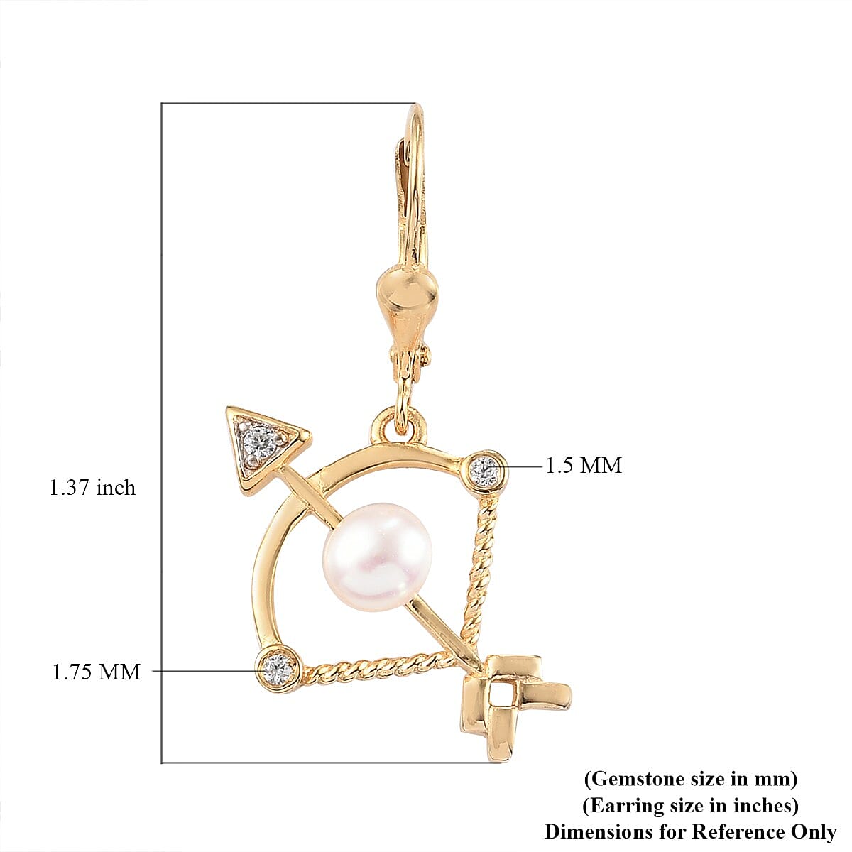 Sagittarius Zodiac, Freshwater Pearl and White Zircon Lever Back Earrings in Vermeil Yellow Gold Over Sterling Silver 0.15 ctw image number 4