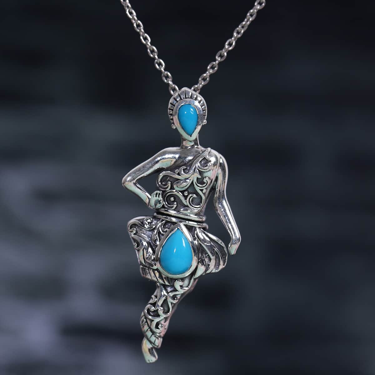 ARTISTRY Dancing Doll Collection Natural Sleeping Beauty Turquoise Pendant Necklace 20 In in Platinum Over Sterling Silver 9.65 Grams 0.90 ctw image number 1