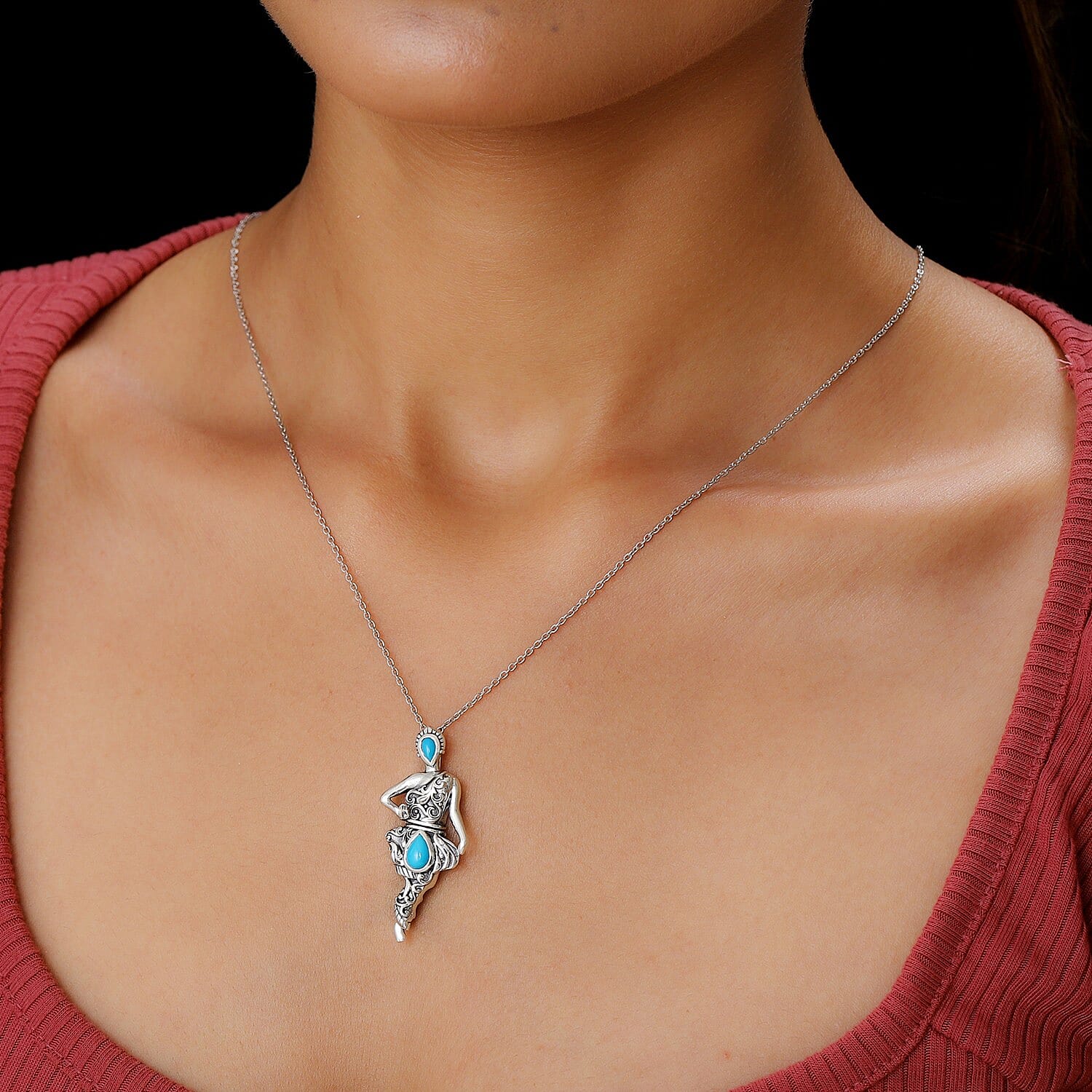 ARTISTRY Dancing Doll Collection Natural Sleeping Beauty Turquoise Pendant Necklace 20 In in Platinum Over Sterling Silver 9.65 Grams 0.90 ctw