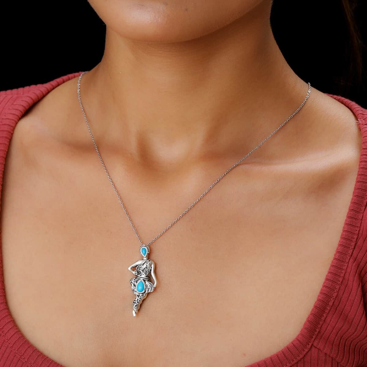 ARTISTRY Dancing Doll Collection Natural Sleeping Beauty Turquoise Pendant Necklace 20 In in Platinum Over Sterling Silver 9.65 Grams 0.90 ctw image number 2