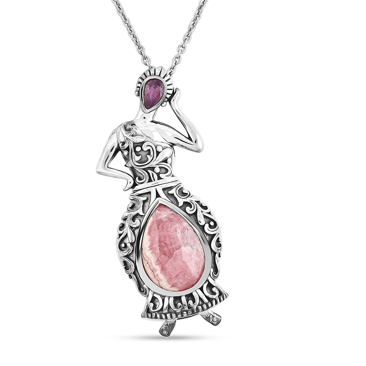 INDIA ARTISTRY Dancing Doll Collection Rhodochrosite and Niassa Ruby Pendant Necklace 20 Inches in Platinum Over Sterling Silver 10.50 Grams 7.00 ctw