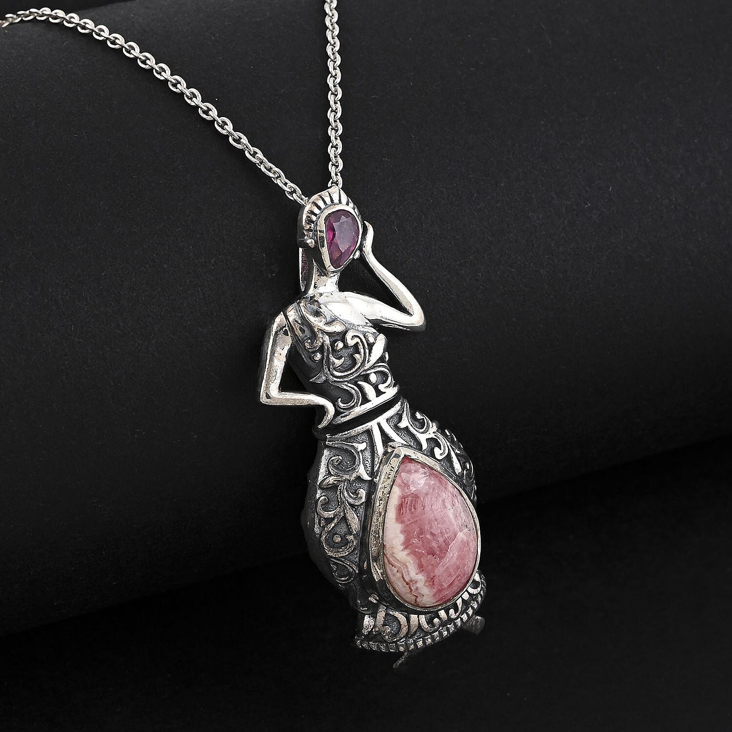 INDIA ARTISTRY Dancing Doll Collection Rhodochrosite and Niassa Ruby Pendant Necklace 20 Inches in Platinum Over Sterling Silver 10.50 Grams 7.00 ctw