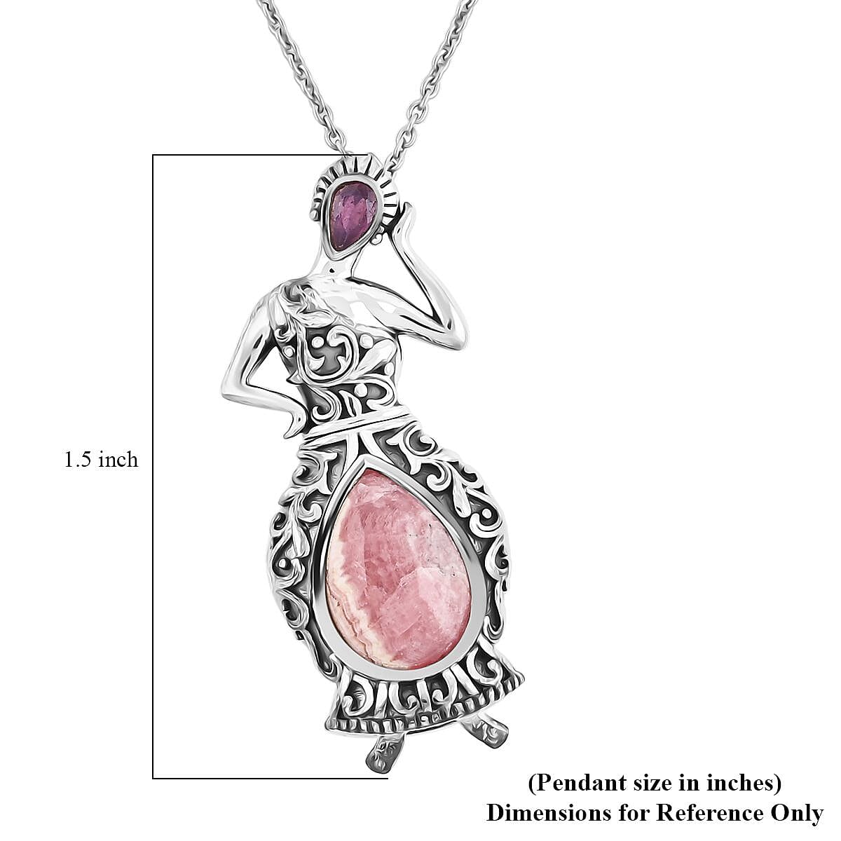 INDIA ARTISTRY Dancing Doll Collection Rhodochrosite and Niassa Ruby Pendant Necklace 20 Inches in Platinum Over Sterling Silver 10.50 Grams 7.00 ctw