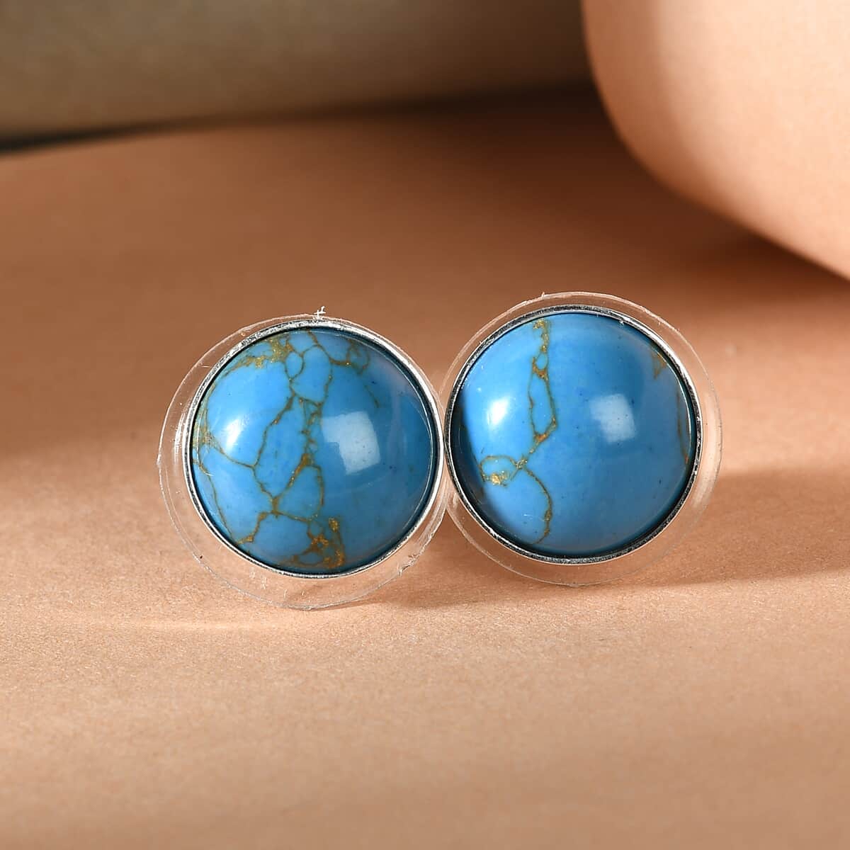 Blue Turquoise Solitaire Stud Earrings in Sterling Silver 6.15 ctw image number 1
