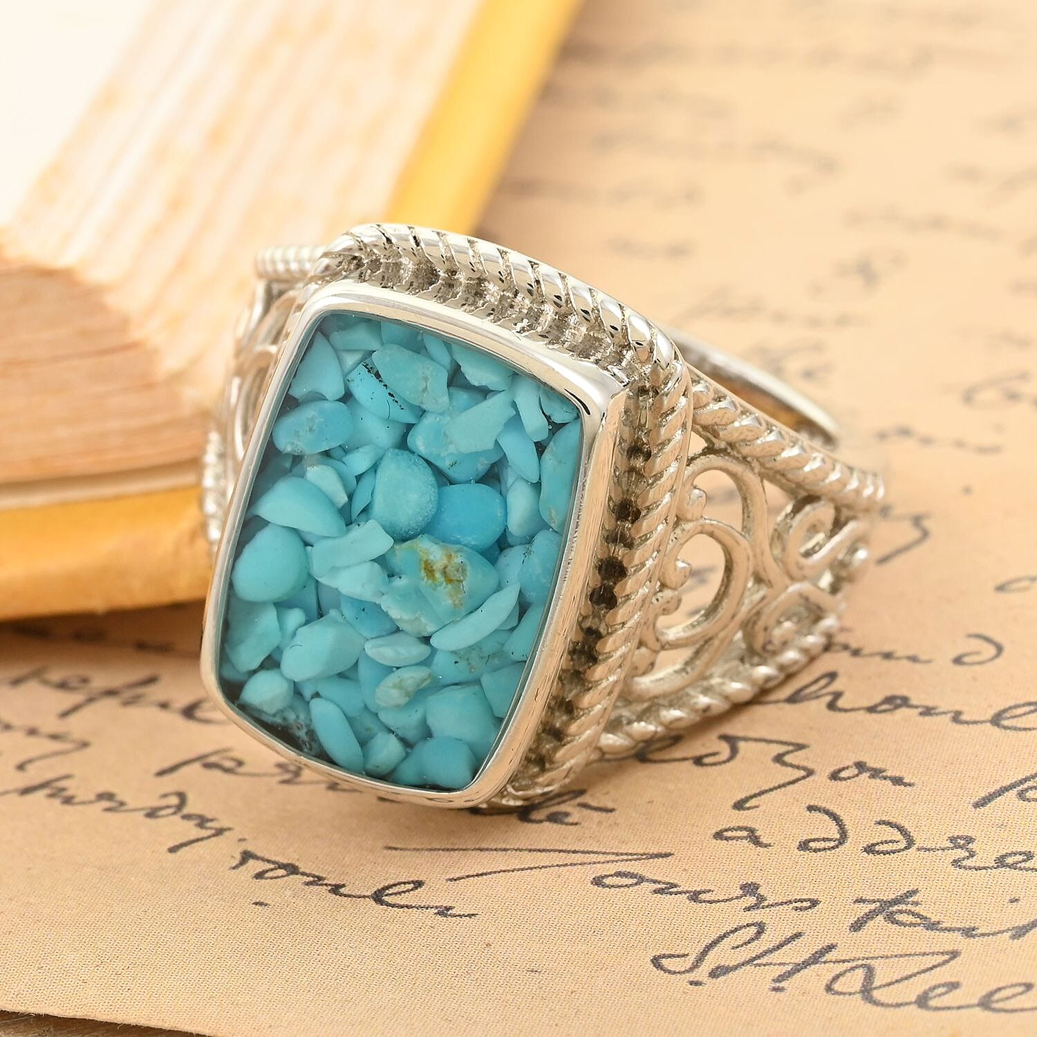 Sleeping Beauty Turquoise Chips Solitaire Ring in Platinum Over Copper with Magnet (Size 10.0) 8.00 ctw