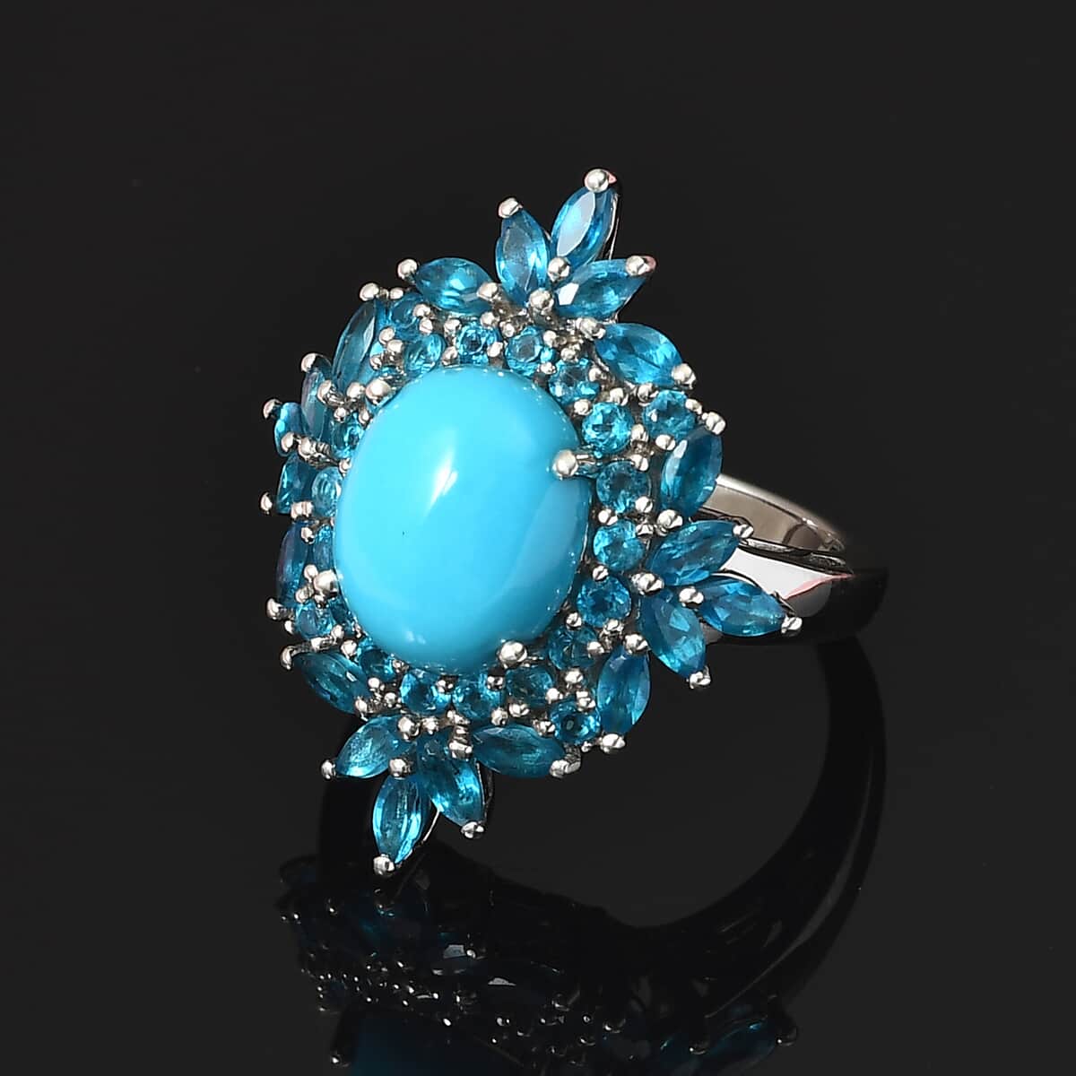 Natural Arizona Sleeping Beauty Turquoise and Malgache Neon Apatite Cocktail Ring in Platinum Over Sterling Silver image number 1