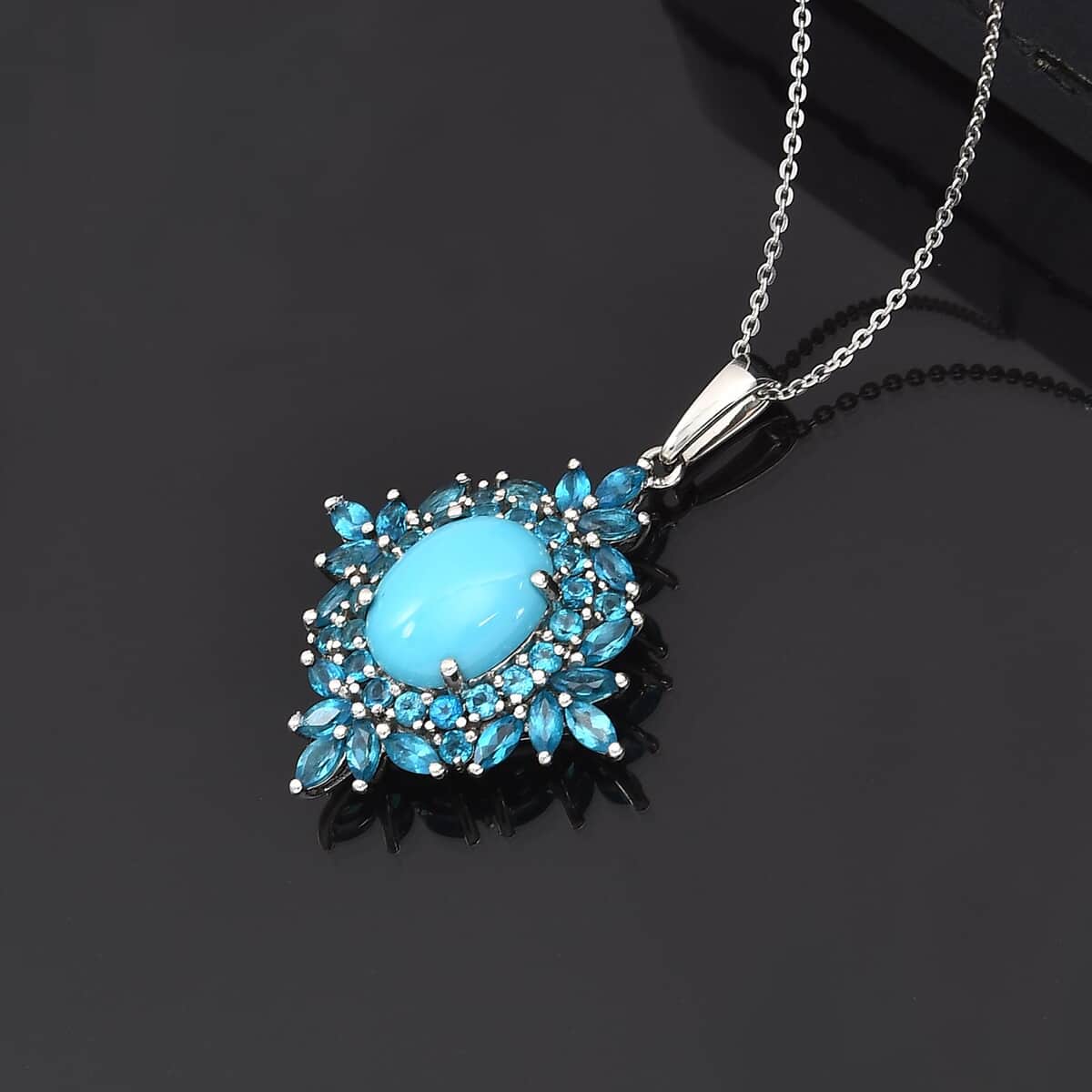 Sleeping Beauty Turquoise and Neon Apatite Cocktail Pendant Necklace 20 Inches in Platinum Over Sterling Silver 6.60 ctw image number 1