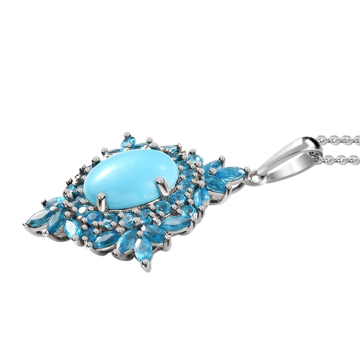 Sleeping Beauty Turquoise and Neon Apatite Cocktail Pendant Necklace 20 Inches in Platinum Over Sterling Silver 6.60 ctw image number 3