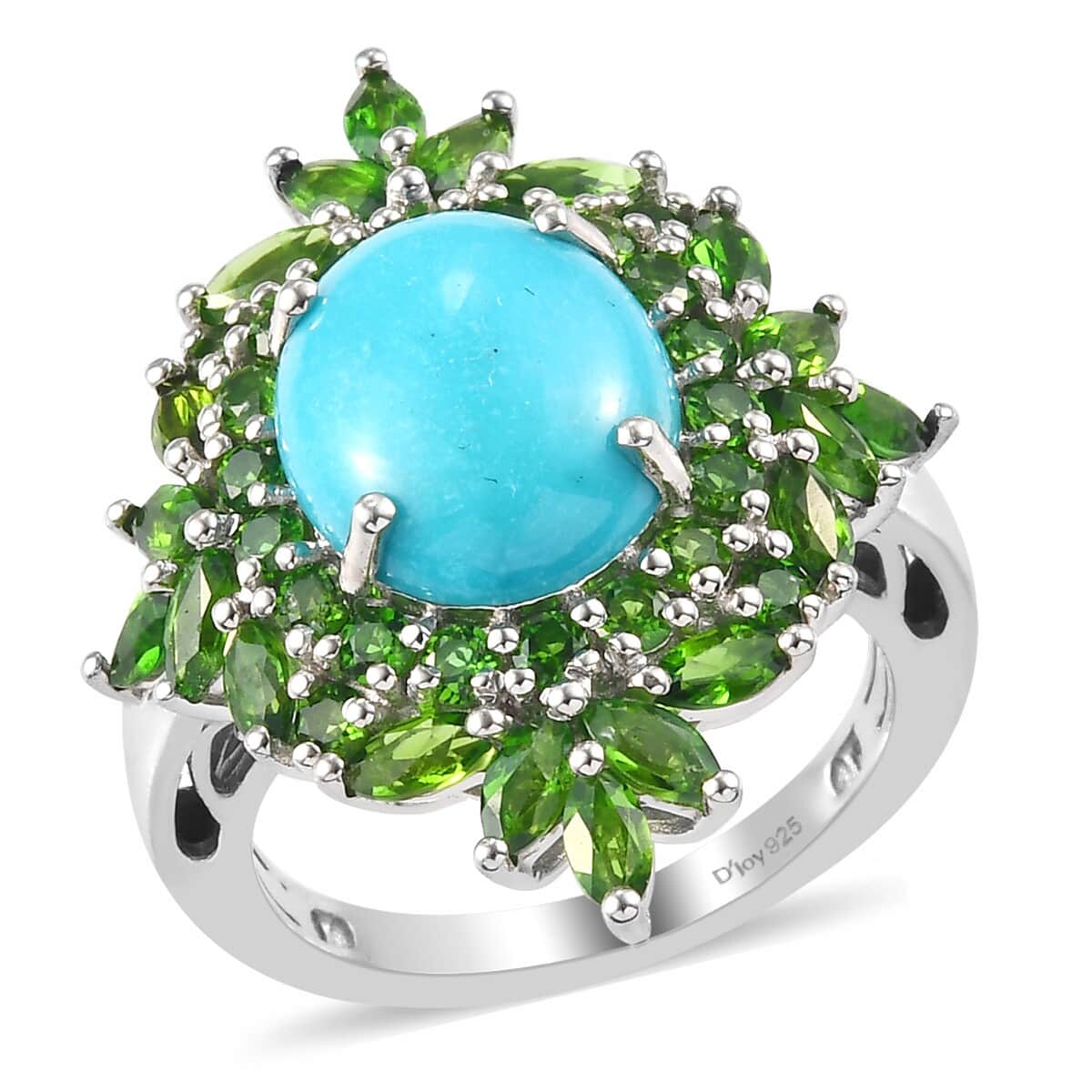 American Natural Sleeping Beauty Turquoise and Natural Chrome Diopside Cocktail Ring in Platinum Over Sterling Silver (Size 7.0) 6.10 ctw image number 0