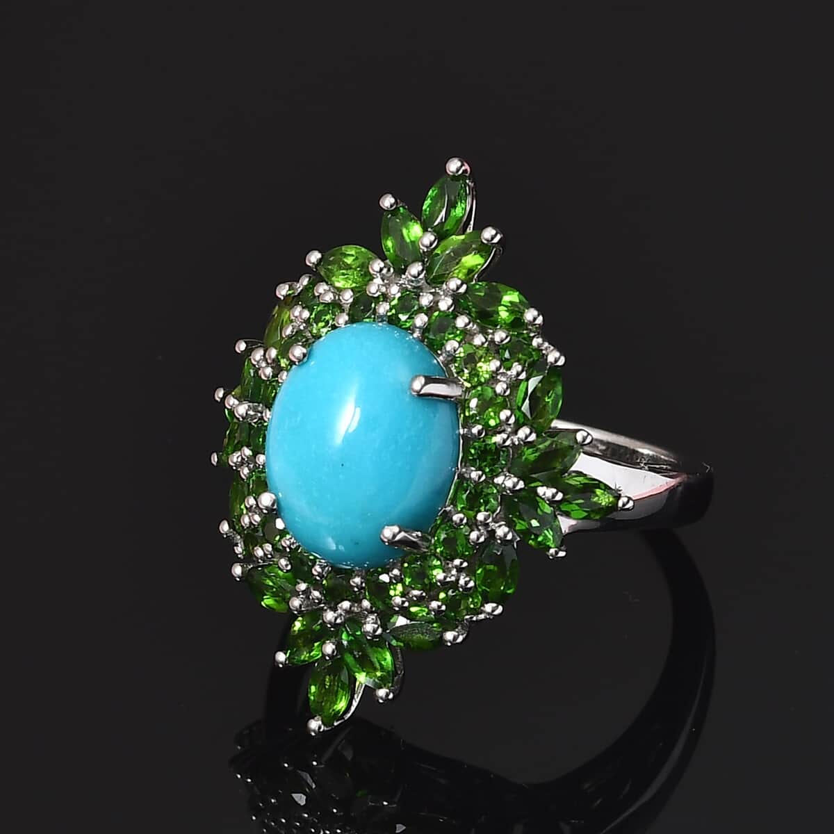 American Natural Sleeping Beauty Turquoise and Natural Chrome Diopside Cocktail Ring in Platinum Over Sterling Silver (Size 7.0) 6.10 ctw image number 1