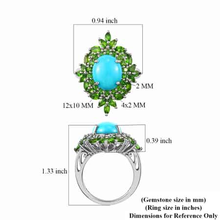 American Natural Sleeping Beauty Turquoise and Natural Chrome Diopside Cocktail Ring in Platinum Over Sterling Silver (Size 7.0) 6.10 ctw image number 5