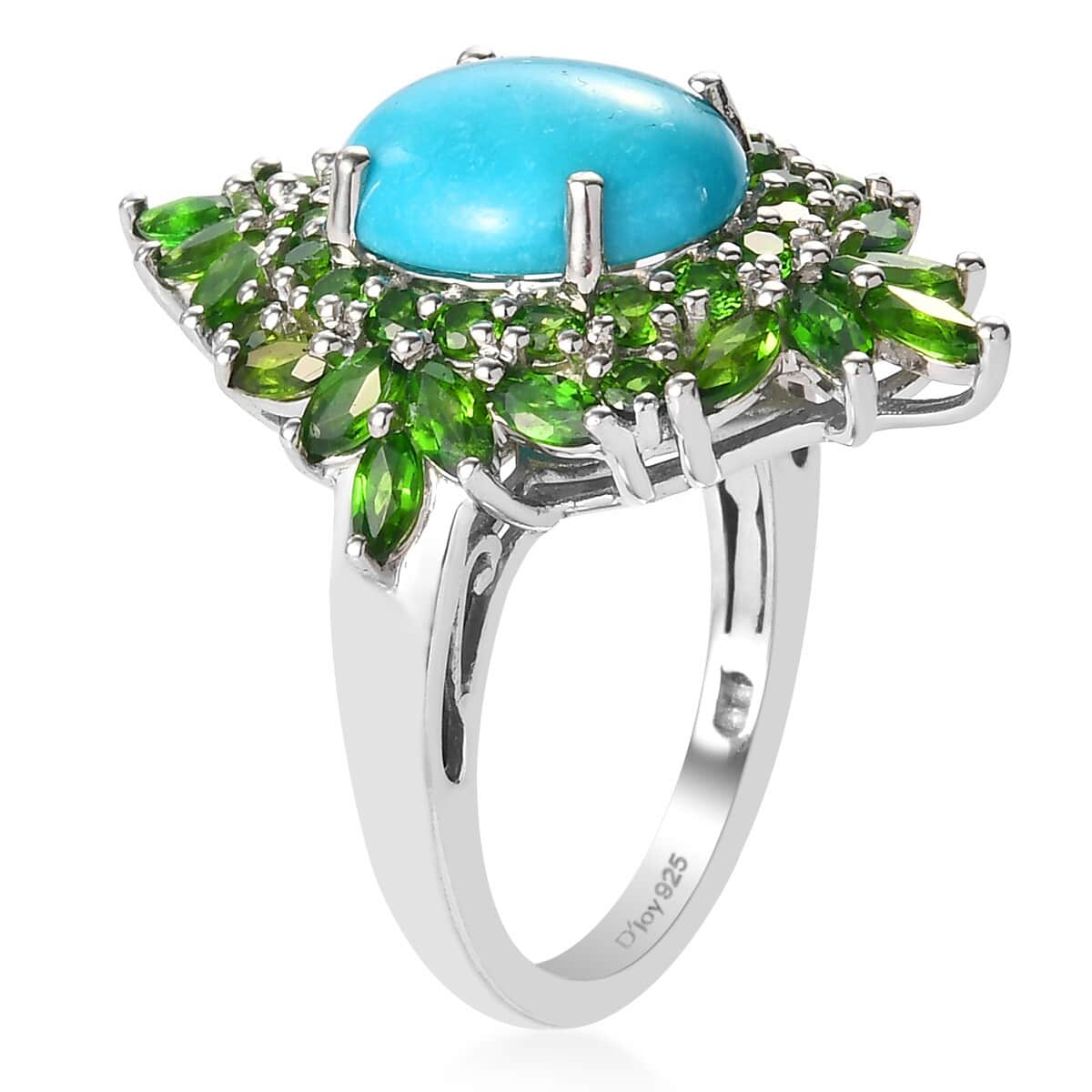 Sleeping Beauty Turquoise and Chrome Diopside Cocktail Ring in Platinum Over Sterling Silver (Size 8.0) 6.75 ctw image number 3