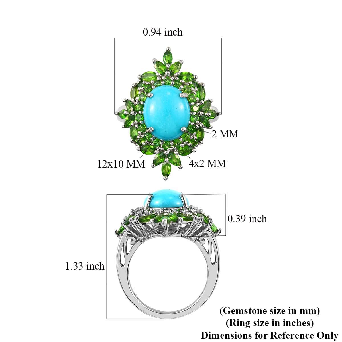 Sleeping Beauty Turquoise and Chrome Diopside Cocktail Ring in Platinum Over Sterling Silver (Size 8.0) 6.75 ctw image number 5
