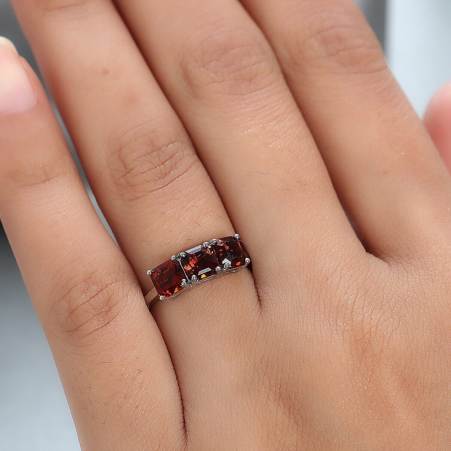 Brazilian Cherry Citrine 3 Stone Ring in Platinum Over Sterling Silver (Size 10.0) 1.75 ctw