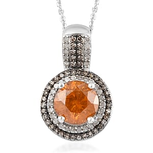 Picos Altos Orange Sphalerite and Natural Champagne and White Diamond Pendant Necklace 20 Inches in Rhodium & Platinum Over Sterling Silver 3.00 ctw