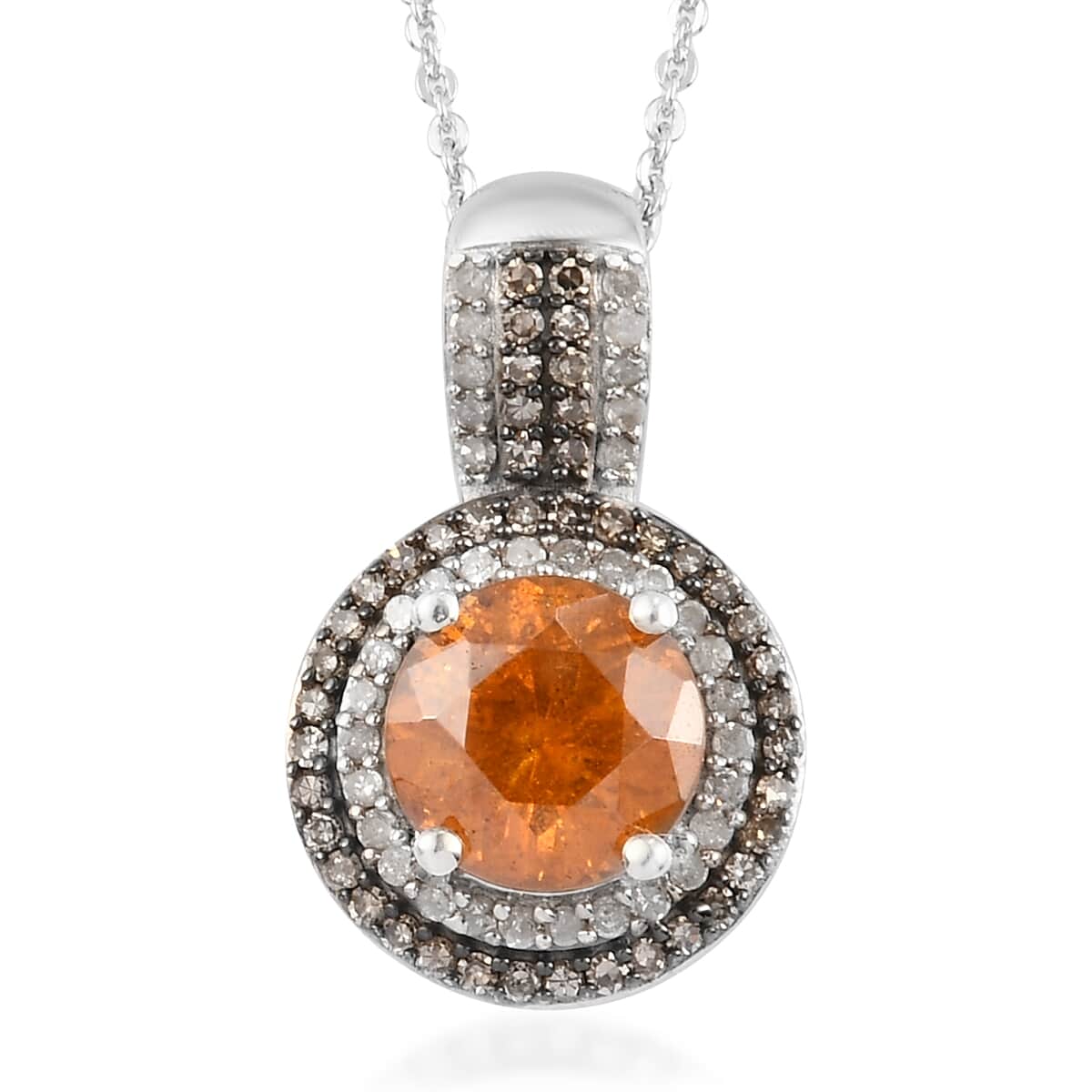 Picos Altos Orange Sphalerite and Natural Champagne and White Diamond Pendant Necklace 20 Inches in Rhodium & Platinum Over Sterling Silver 3.05 ctw image number 0