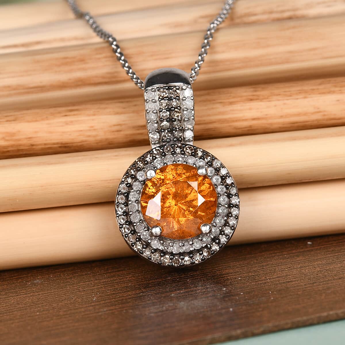 Picos Altos Orange Sphalerite and Natural Champagne and White Diamond Pendant Necklace 20 Inches in Rhodium & Platinum Over Sterling Silver 3.05 ctw image number 1
