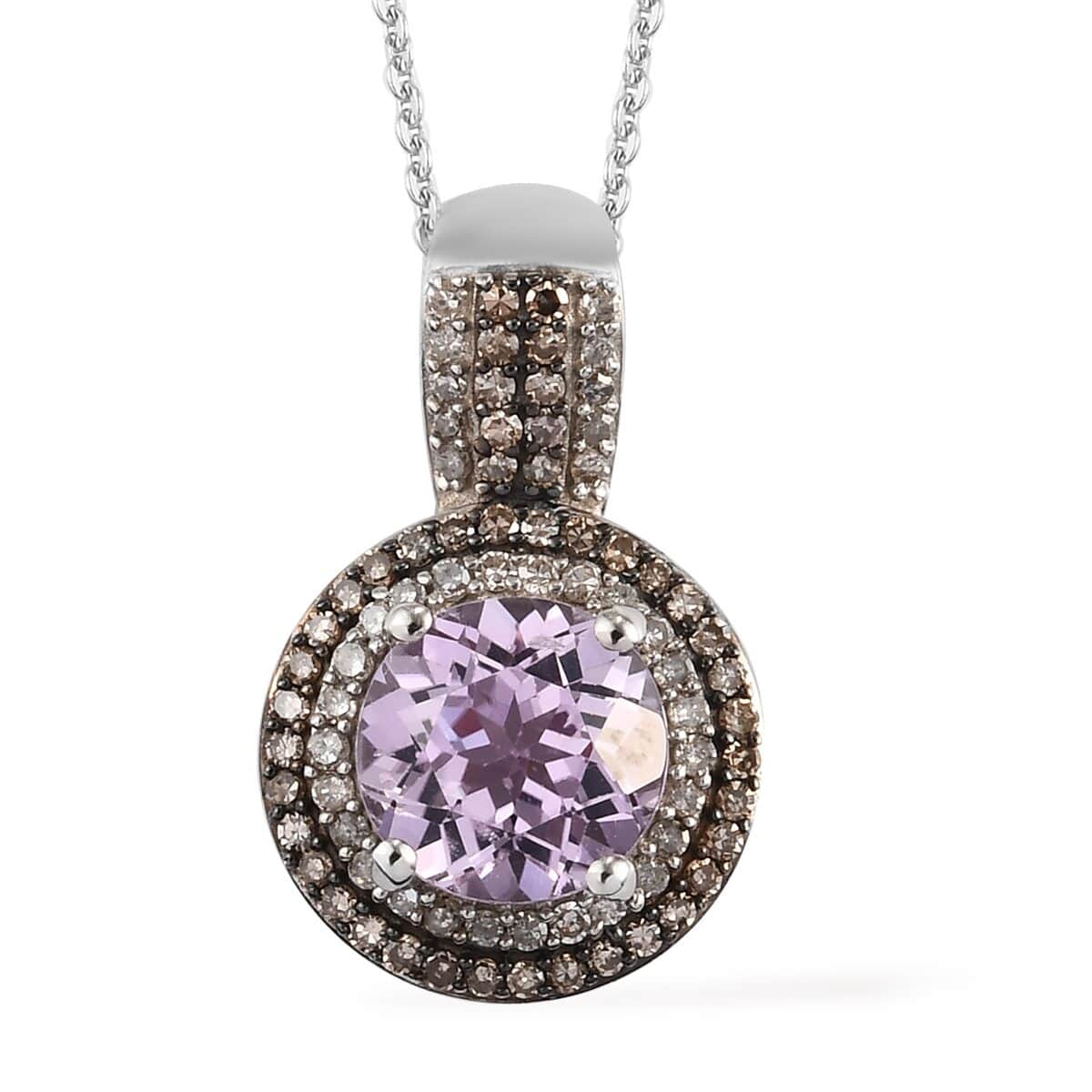 Premium Martha Rocha Kunzite and Natural Champagne and White Diamond Double Halo Pendant Necklace 20 Inches in Rhodium & Platinum Over Sterling Silver 3.00 ctw image number 0