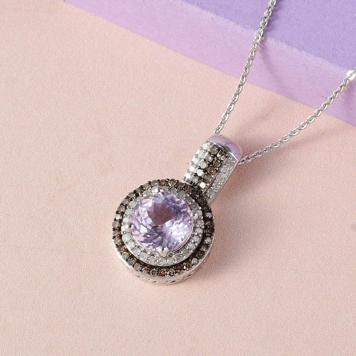 Premium Martha Rocha Kunzite and Natural Champagne and White Diamond Double Halo Pendant Necklace 20 Inches in Rhodium & Platinum Over Sterling Silver 3.00 ctw image number 1