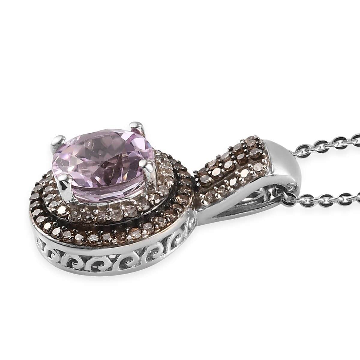 Premium Martha Rocha Kunzite and Natural Champagne and White Diamond Double Halo Pendant Necklace 20 Inches in Rhodium & Platinum Over Sterling Silver 3.00 ctw image number 3