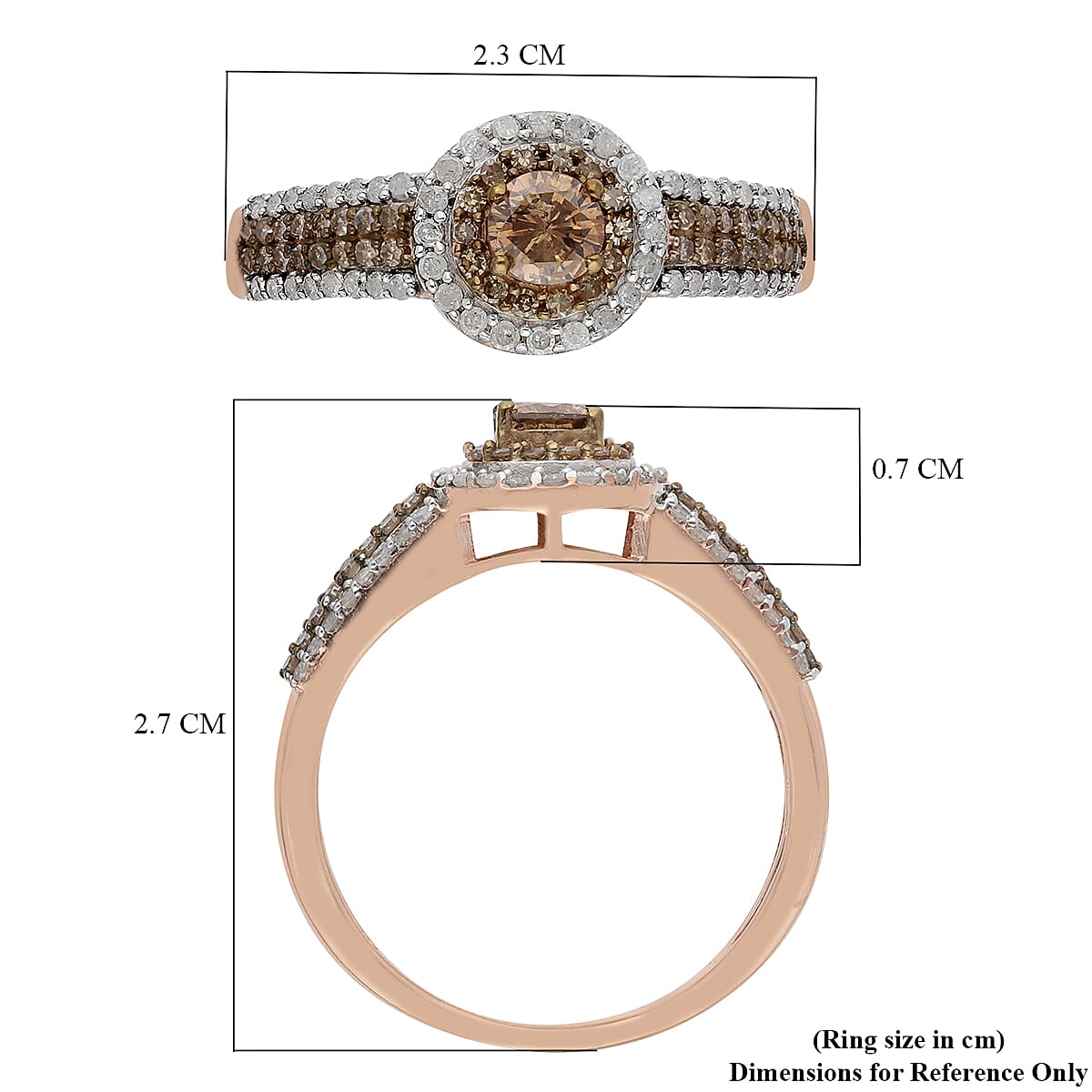 Natural Champagne and White Diamond Ring in Vermeil Rose Gold Over Sterling Silver (Size 6.0) 1.00 ctw