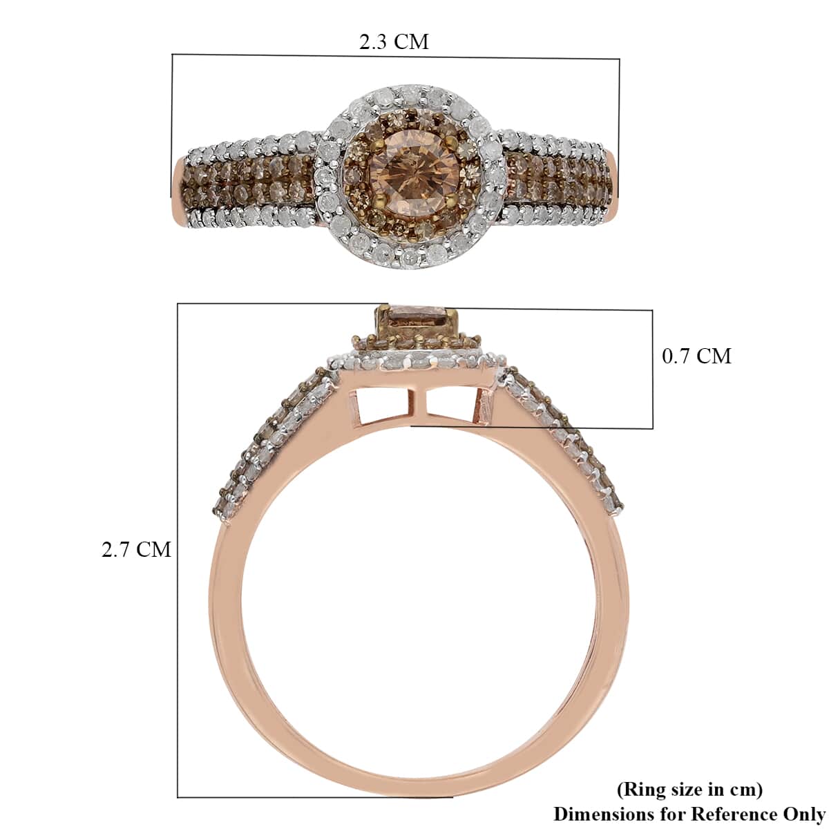 Natural Champagne and White Diamond Ring in Vermeil Rose Gold Over Sterling Silver 1.00 ctw image number 5