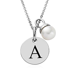 Initial Pendant Necklace with Freshwater Pearl Charm (20 Inches) in Platinum Over Sterling Silver