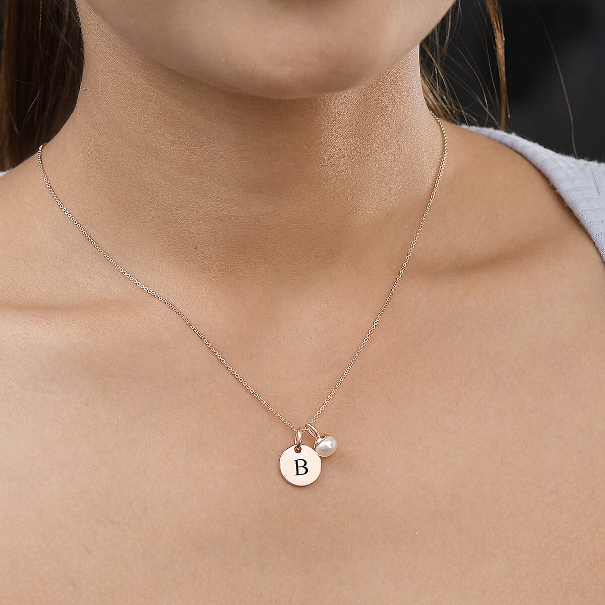 Initial Pendant Necklace with Freshwater Pearl Charm (20 Inches) in Vermeil RG Over Sterling Silver image number 2