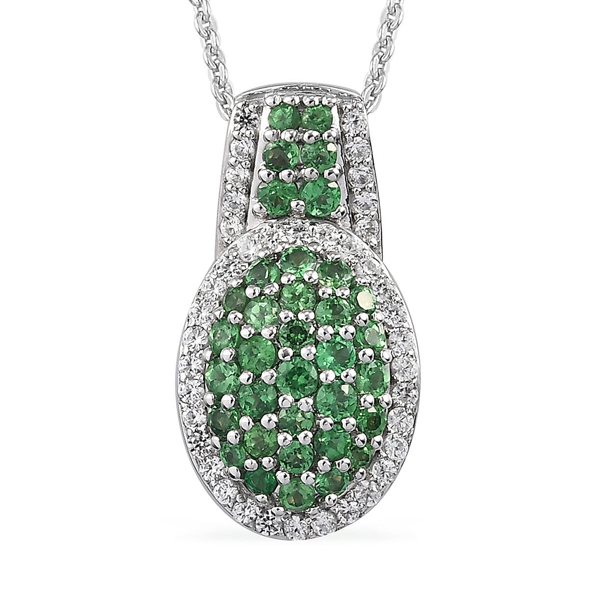Tsavorite Garnet and Natural White Zircon Cocktail Pendant Necklace 20 Inches in Platinum Over Sterling Silver 1.10 ctw