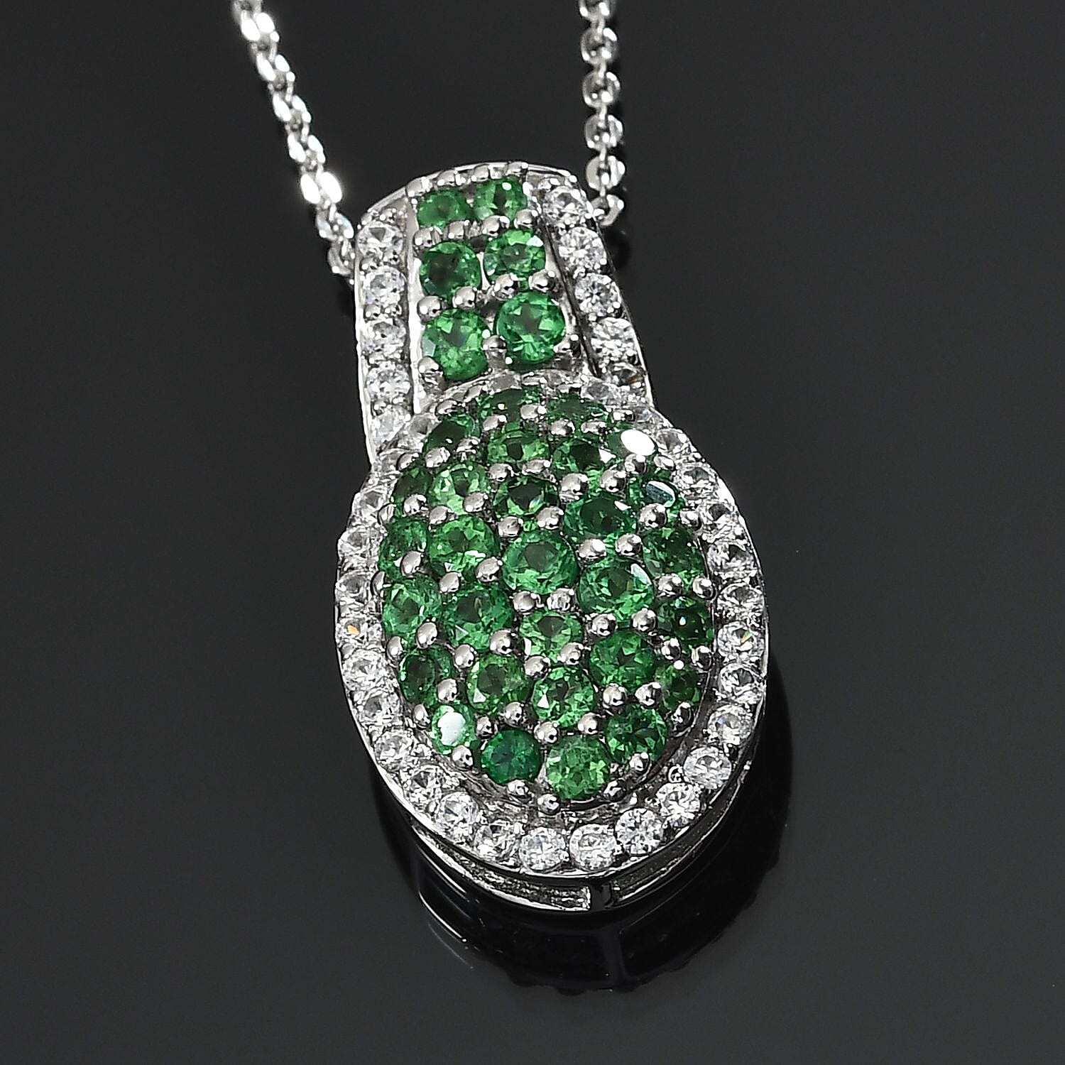 Tsavorite Garnet and Natural White Zircon Cocktail Pendant Necklace 20 Inches in Platinum Over Sterling Silver 1.10 ctw