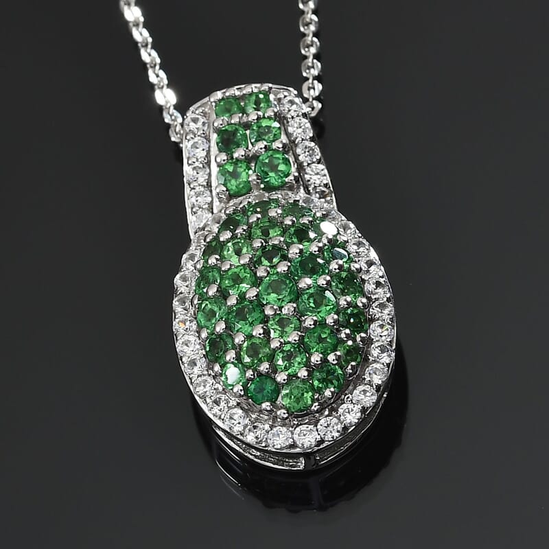 Tsavorite Garnet and Natural White Zircon Cocktail Pendant Necklace 20 Inches in Platinum Over Sterling Silver 1.10 ctw