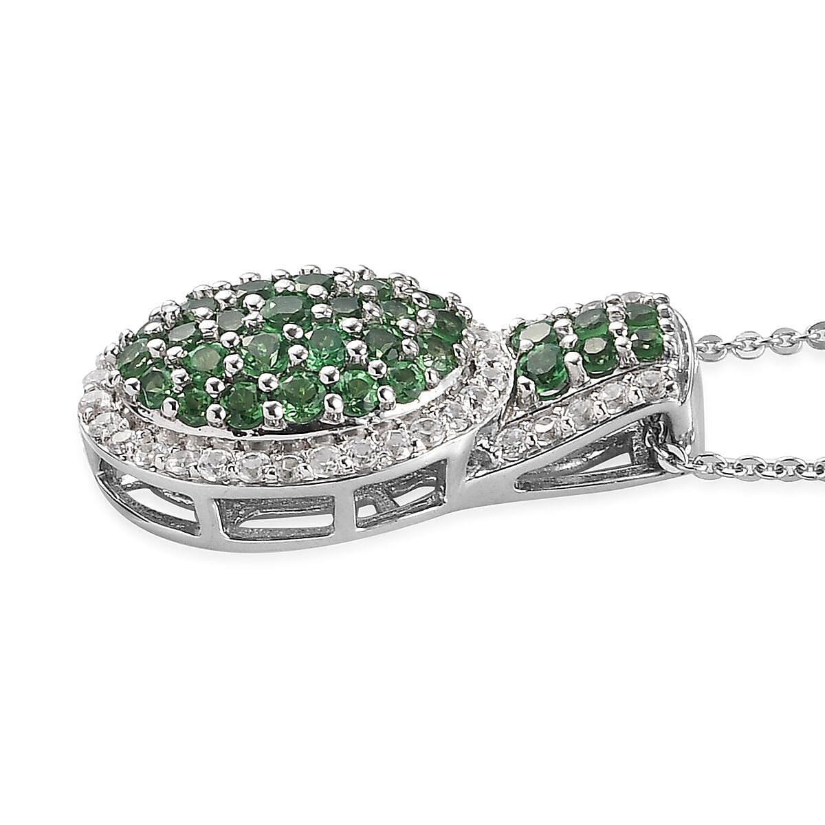 Tsavorite Garnet and Natural White Zircon Cocktail Pendant Necklace 20 Inches in Platinum Over Sterling Silver 1.10 ctw