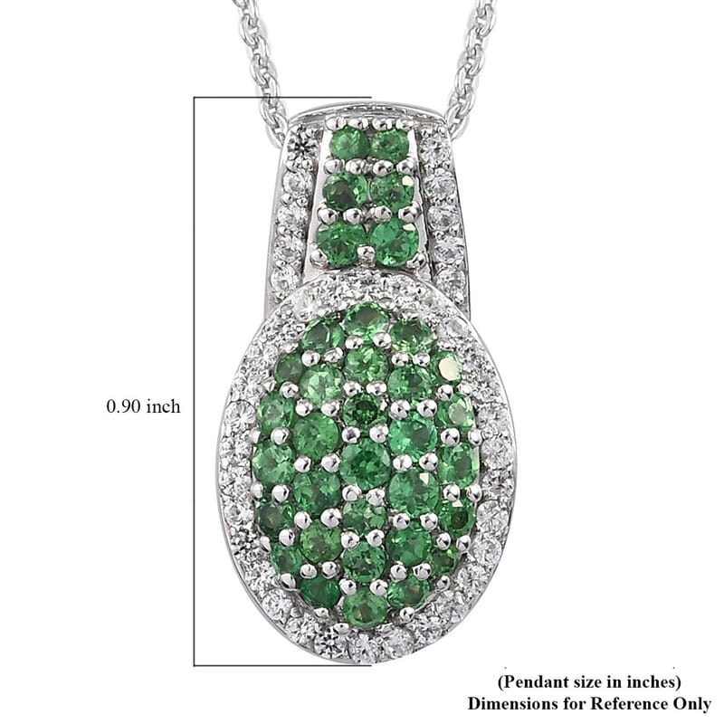 Tsavorite Garnet and Natural White Zircon Cocktail Pendant Necklace 20 Inches in Platinum Over Sterling Silver 1.10 ctw