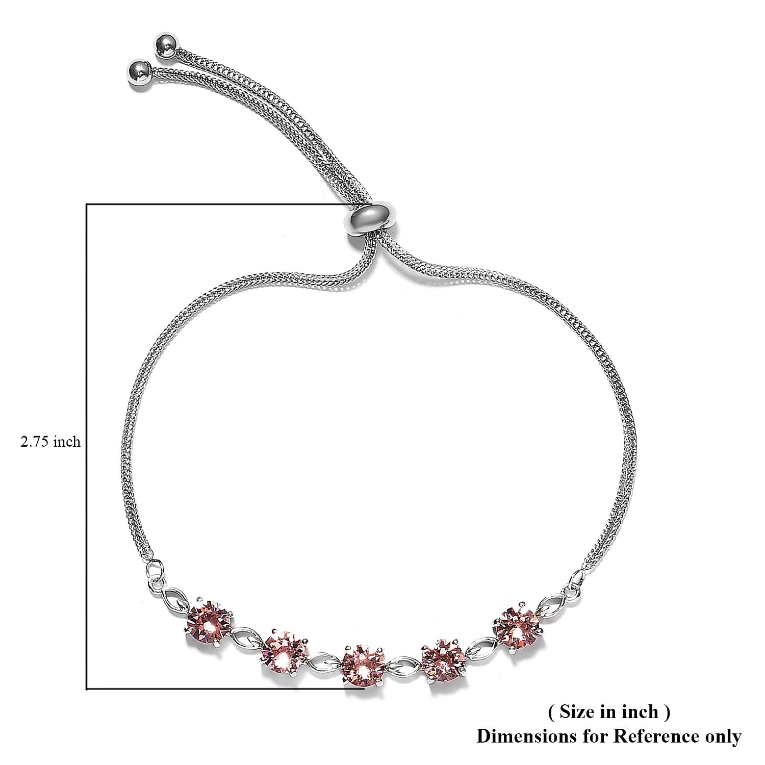 Karis Light Rose Crystal Bolo Bracelet in Platinum Bond and Stainless Steel