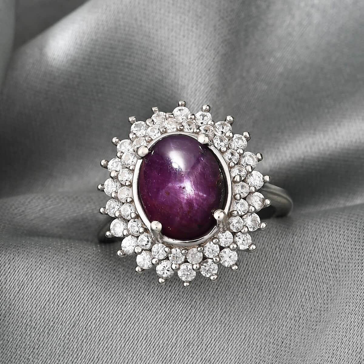 Indian Star Ruby and Natural White Zircon Cocktail Ring in Platinum Over Sterling Silver (Size 5.0) 5.60 ctw image number 1